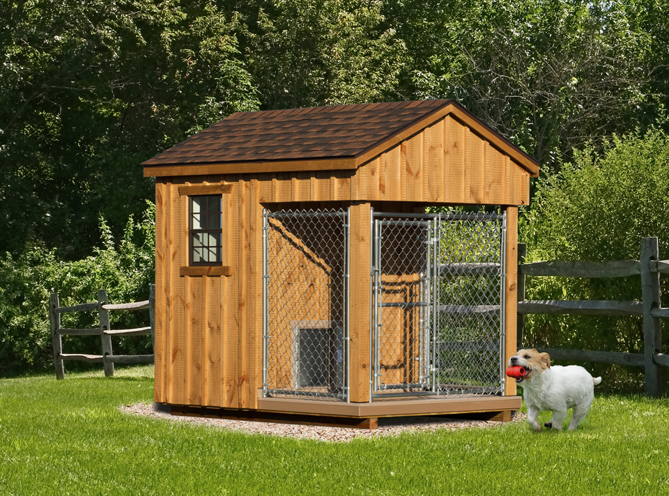 A dog poses in front of a wooden dog house located in Toledo, OH, highlighting its comfortable and inviting kennel.